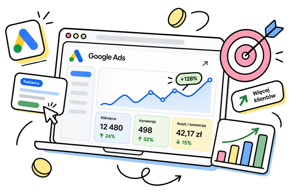 Ilustracja panelu Google Ads, wzrostu wyników i pozyskiwania klientów