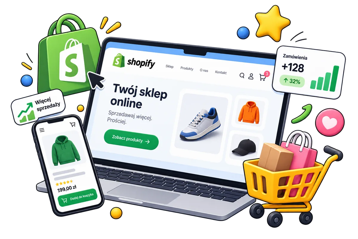 Ilustracja sklepu Shopify na laptopie i telefonie z produktami oraz koszykiem